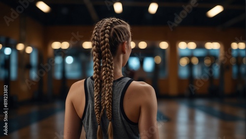 A woman with braids in her hair standing on a gym floor,.