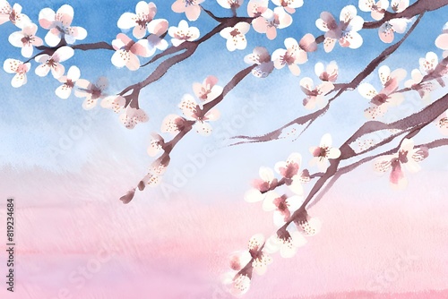 A photo of white cherry blossoms with a blue sky, Spring time, Watercolor