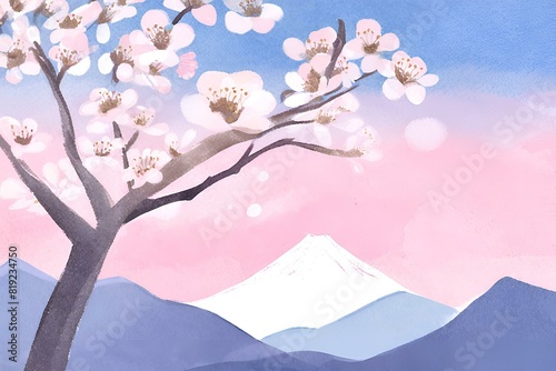 A photo of white cherry blossoms with a blue sky and Fuji mountain, Spring time, Watercolor