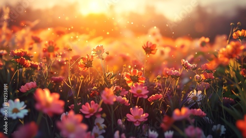 A field of flowers with a focus on petal textures, under the golden hour light, creating a warm glow, Natural, Warm, Realistic