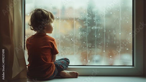 A lonely child sits on the windowsill and looks out the window Autism concept closeup portrait