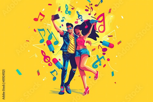 A vibrant 2D cartoon illustration of a couple taking a selfie at a music festival, surrounded by musical notes and decorations, isolated on a solid yellow background.