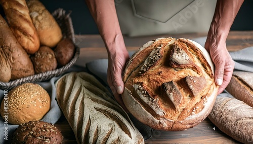 DETALHE DAS MÃOS DO PADEIRO APRESENTANDO UM PÃO ARTESAL FRESCO, RECEÉM SAÍDO DO FORNO