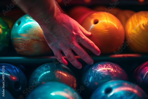 A closeup of a hand reaching for a bright colored bowling ball on a rack in a bowling alley