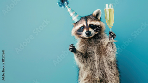 Celebration, birthday, raccoon with celebration hat and champagner glass isolated on pastell blue background texture card