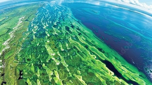  An aerial view of a vast body of water featuring lush green algae growth on its floor