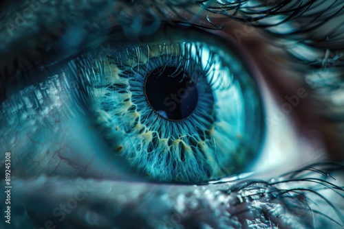 Eye Design. Abstract Blue Iris. Vision and Look Concept. Macro Illustration with Light and Green