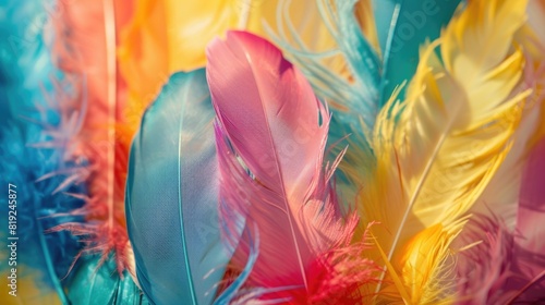 Multi-colored feathers decorate celebrations and holidays, light background.