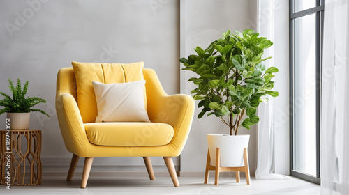 A cozy yellow armchair with a plush cushion and wooden legs, placed in a Scandinavian-inspired living room with natural light and green plants.