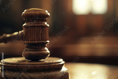A wooden judges gavel sitting on top of a wooden table in a dimly lit room