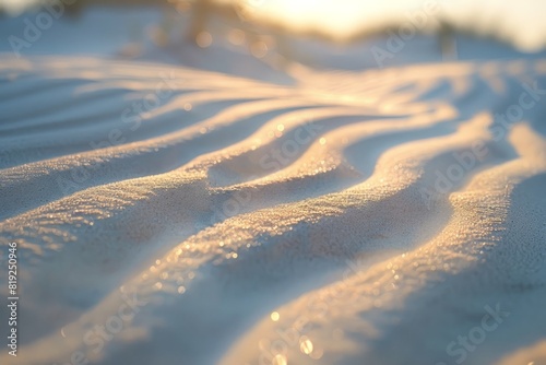 Detailed view of the snow-covered ground, highlighting the texture and patterns created by the snow