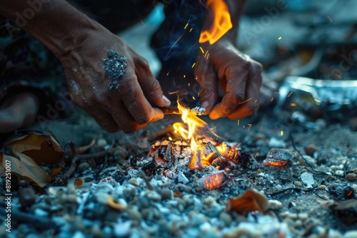 A person starting a fire with a small spark. Perfect for outdoor and survival themes