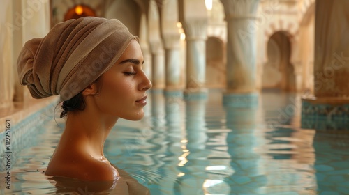 A woman is seen from behind enjoying a luxurious soak in an ornate, tiled swimming spa, evoking relaxation and self-care
