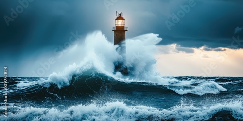 Dramatic Ocean Waves Clash with Lighthouse