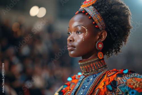 A fashion show featuring designs inspired by diverse cultures and ethnicities, celebrating the richness of global fashion. Concept of sartorial expression and cultural fusion. Generative Ai.