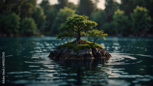 A small island with trees growing out of the water,.