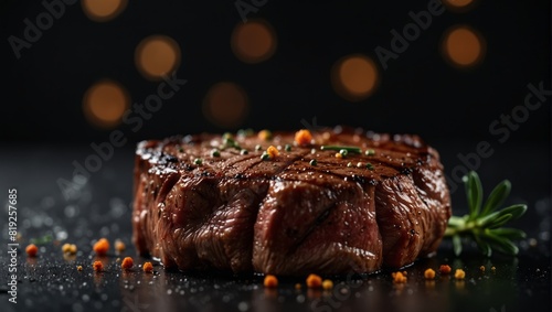 A steak is sitting on a black surface with some seasoning,.