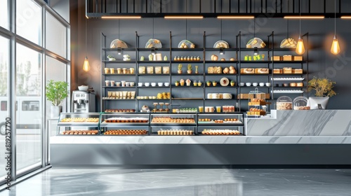 Display case of pastries in modern shop interior. Generative AI