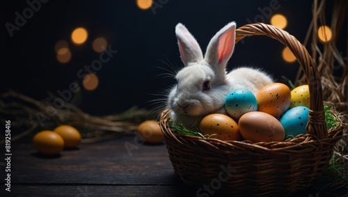 Cute Easter bunny in basket with eggs on dark background. generation.