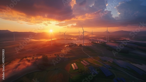 Aerial view wind turbines and photovoltaic solar panels at afternoon. Generative AI