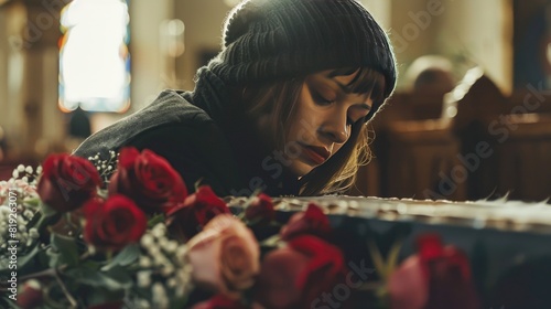 People and mourning concept. Woman with rose flowers and coffin at funeral in church