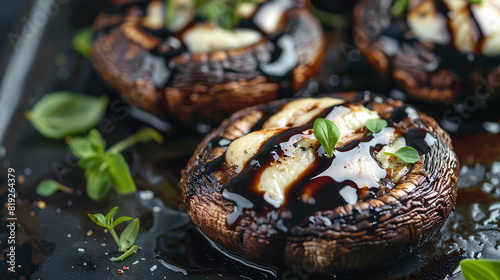Grilled portobello mushrooms with balsamic glaze and melted mozzarella cheese.