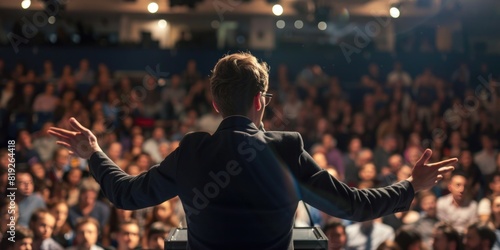 Person confidently addressing a large audience, symbolizing leadership and assurance in public speaking