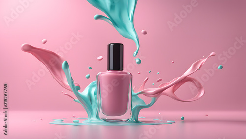 a bottle of nail polish with a splash of liquid for beauty makeup concept