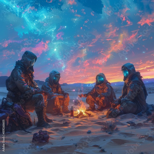 Futuristic desert nomads gathered around a holographic campfire, sharing stories while surrounded by the vast emptiness of the desert