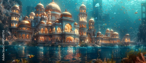 A grand underwater steampunk palace with golden domes and ornate details, surrounded by schools of fish and seaweed
