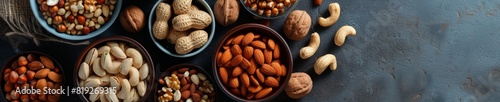 A variety of nuts in bowls arranged on a dark background, including almonds, cashews, and walnuts. Perfect for healthy eating and snacking concepts.