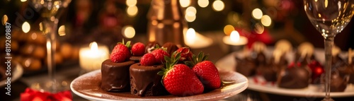 Close-up of a festive table with chocolate desserts and strawberries, surrounded by ambient lighting and elegant glassware, perfect for celebration.