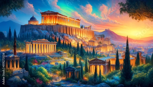 A painting showcases the splendor of Athens landmarks with timeless beauty