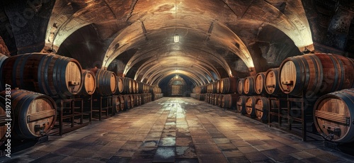 barrels of wine in a dark cellar