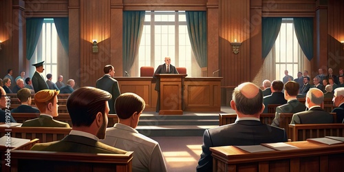 convicted man courtroom courthouse judge juror lawyer prosecutor wooden furniture
