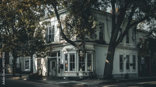 White corner building with a dark tree