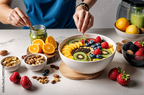 Eine Person die eine Smoothie-Bowl, Fitnessteller mit frischen Früchten, Nüssen und Samen zubereitet. Auf dem Tisch liegen Kiwis, Orangen, Beeren und Mandeln. Es strahlt Gesundheit und Frische aus.