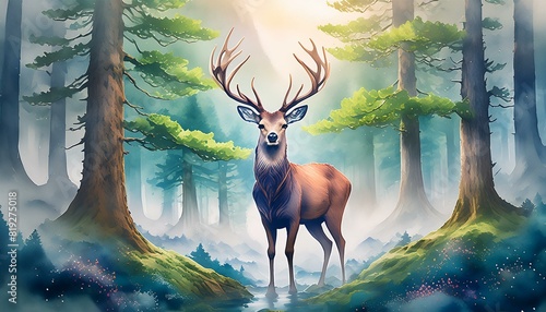 A graceful deer standing in a misty forest, looking directly at the camera. The forest