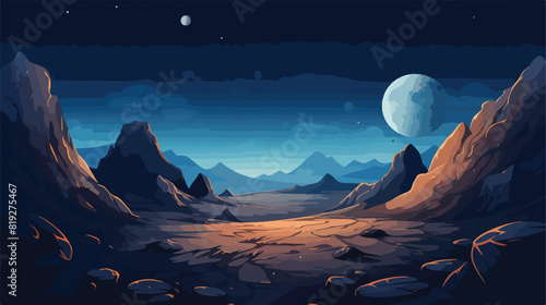 Vector cosmic landscape background with rocky plane