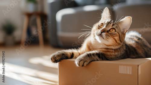 Um gato sobre uma caixa de papelão na sala de uma casa iluminada por luz natural