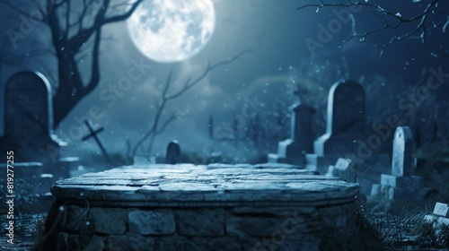 Tombstones in a spooky graveyard at night with a full moon.
