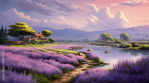 A serene blend of lavender and periwinkle hues washes over the landscape, creating a tranquil atmosphere.