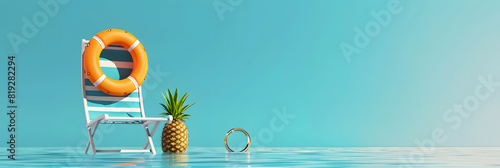 Summer beach concept, chair with ring floating and pineapple on blue background. 3d rendering