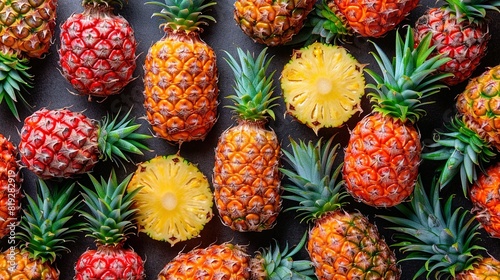  A cluster of pineapples resting atop a dark platform, featuring a sunny core
