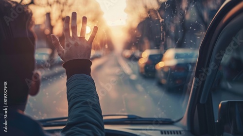 A poignant goodbye moment with a man waving to his boyfriend from a car window amidst an urban background, emphasizing love and emotion. Guy waving to a boyfriend