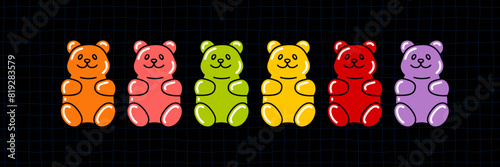 Set of Colorful Gummy Bears. Vector Jelly Candy. Cartoon Bear Character. Isolated Glossy Gum Sweets.