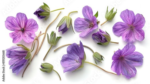  Group of purple flowers on white surface with green leaves and stems