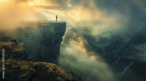  A man on a cliff overlooking an ocean filled with clouds