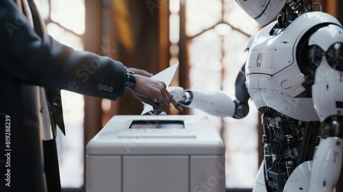 Elections And Technology as voting digital security issues and vote integrity concerns as a human voter and an AI robot voting representing election trust challenges as an ethical dilemma