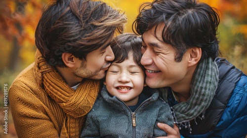 Heartwarming, LGBTQ, Asian couple shows love for their child in public (Generative AI)